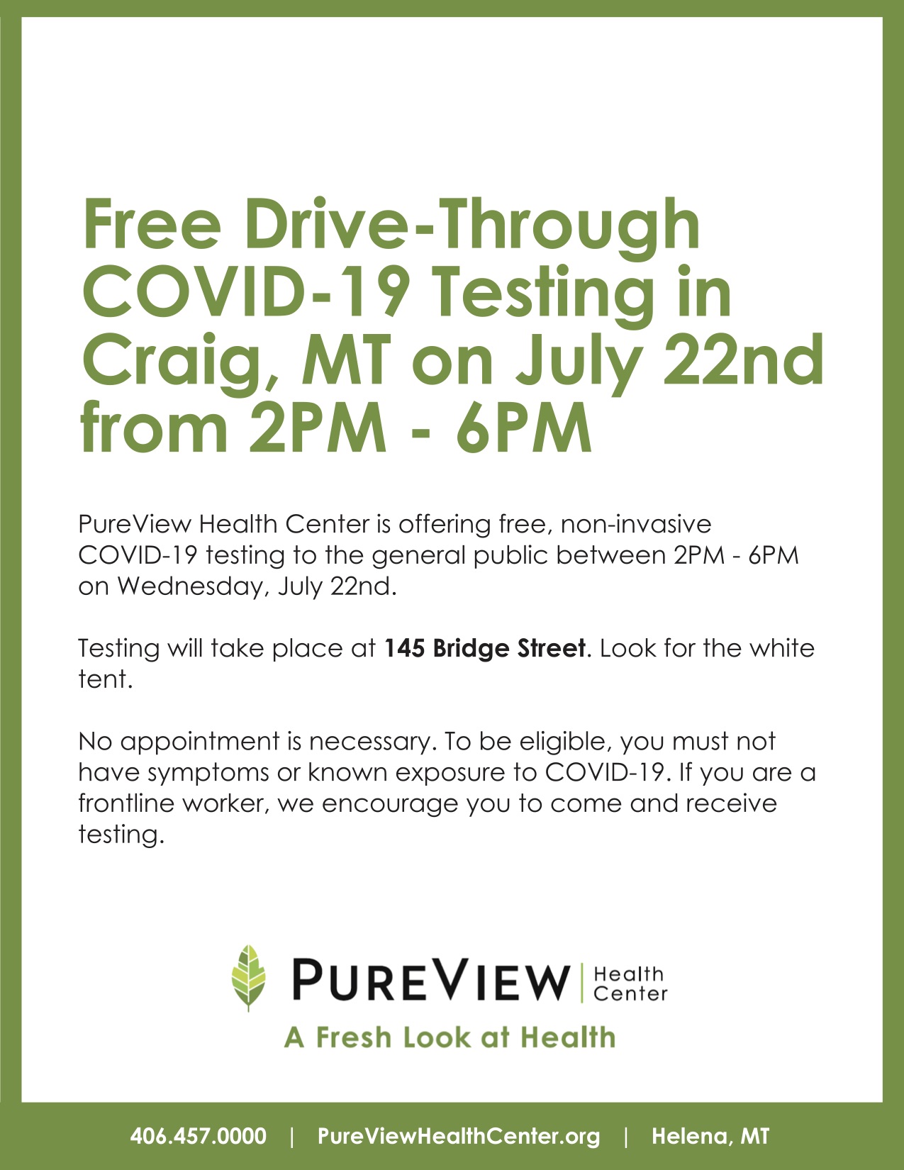 July 22nd 2-6pm Drive Thru COVID-19 Testing in Craig MT